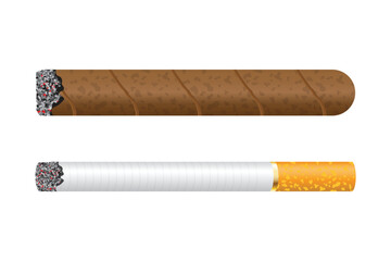 This vector art pictures a cigar and cigarette against a white backdrop, underscoring the risks of unhealthy smoking habits. A statement about addiction, health and risk.
