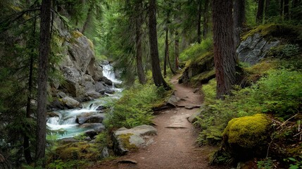 Obraz premium Forest Path By Creek, Waterfall Backdrop