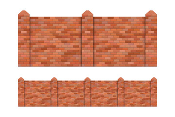 The image features two brick walls made of red blocks, one stacked atop the other, separated by white space. The scene is set against a solid white surface.