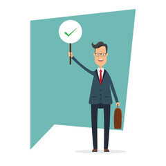 A cartoon of a cheerful professional man holding a briefcase and a sign with a check mark, symbolizing approval or affirmation. He is in front of a blue backdrop.