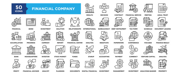 50 Financial Company icon set. Containing design, Wealth Management, Decision Support, Contract Negotiation, Financial Service, Meeting Solution, Legal Trust