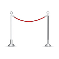 Isolated vector art shows two silver bollards connected by a red rope, commonly used for crowd control, indicating restricted access or forming a VIP section. Clean design.