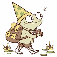 Cute SVG of a Mischievous Frog in Evergreen Trails colors, featuring wearing a party hat in a Forest adventure setting