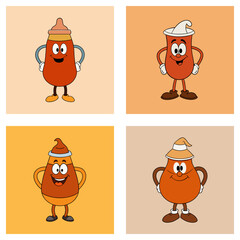 Obraz premium Four cartoon characters with hats and gloves standing in a grid on different color backgrounds