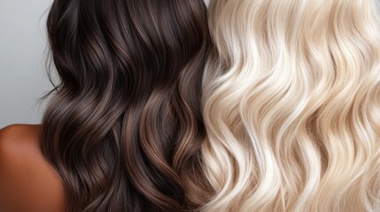 Naklejka premium A close-up view of flowing dark and light hair tresses displayed side by side highlights the beauty of different hair colors and textures, symbolizing diversity and individuality in style.