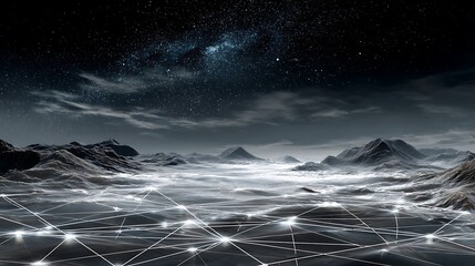 Network Over Mountain Under Starry Night