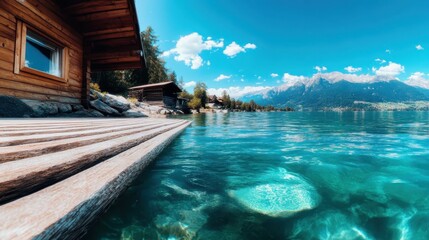 Fototapeta premium A stunning lakeside cabin offering breathtaking views of crystal clear water and majestic mountains under a bright blue sky, highlighting nature's pristine beauty.