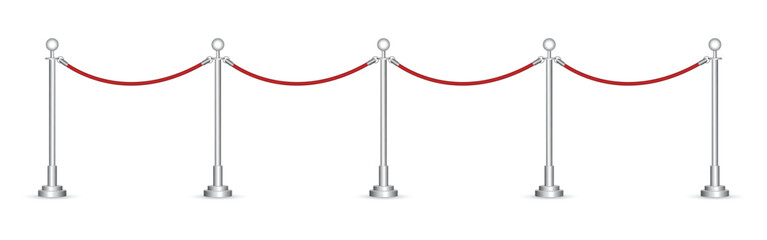 A red velvet rope barrier with polished silver metal poles stretches across a white background, marking a VIP area. This is for event access and crowd control.
