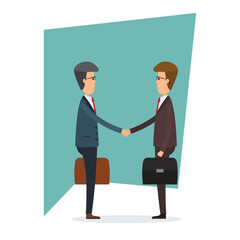 Two businessmen shake hands, each holding a briefcase, against a teal background. They represent a partnership or agreement, symbolizing collaboration and success.