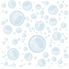 Numerous shiny and translucent bubbles float against a clean, white backdrop, creating a whimsical and airy feel. The bubbles vary in size.