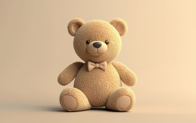 Obraz premium Huggable bear plush wearing a bow tie on a muted pastel beige background