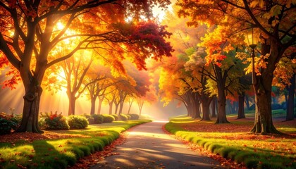 Fototapeta premium Autumn colors in a serene park pathway nature landscape photography vibrant trees tranquil environment morning light