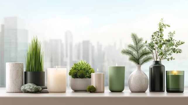Clean lifestyle mockup of scented candles and greenery on a softly blurred living room shelf background