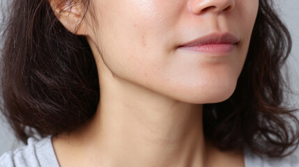 Fototapeta premium Close up of smooth skin on lower face and neck of person with natural lips and dark hair, showing healthy complexion and subtle texture in soft lighting