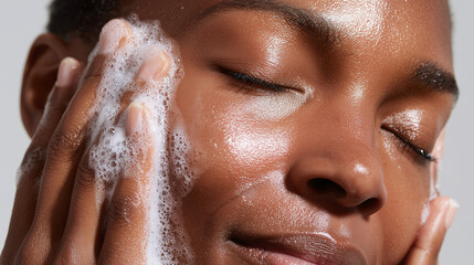 Close up of person with dark skin cleansing their face with soft foam, showing fresh and clean skin texture with eyes closed in calm expression