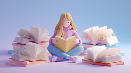 3D illustration of children learning and studying together