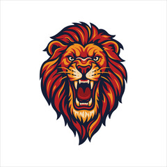 Obraz premium Angry roaring lion head vector illustration. Fierce animal mascot or emblem design with thick outlines, vibrant red and orange colors, perfect for logos, sports, or tattoo projects. Part of set.