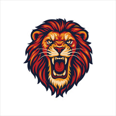 Stylized roaring lion head with intense expression and fiery mane. Lion head vector illustration, perfect for logos, tattoos, emblems, or sports team branding. Part of set.