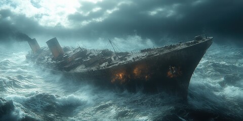 Wreckage of Passenger Ship Sinking in Rough Ocean Waters During Stormy Weather