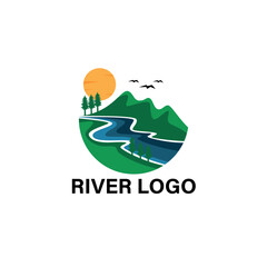 Serene River Landscape Logo Design Mountain, Sun, and Birds Illustration