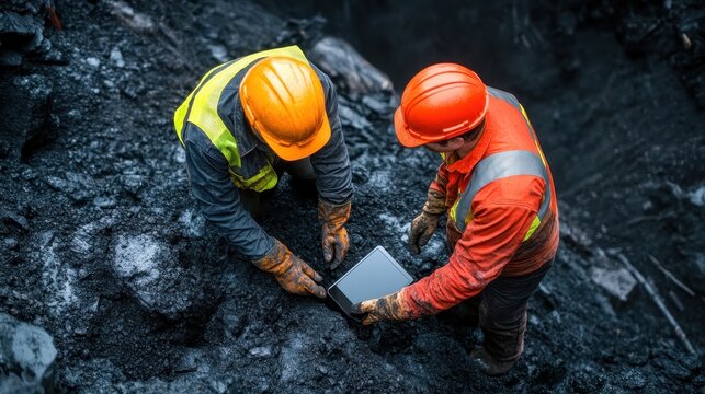 In this powerful image, two miners dressed in safety gear attentively examine a device on a coal site, embodying the dedication and teamwork inherent in the mining industry.