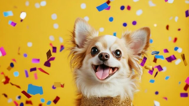 Happy Chihuahua Dog Smiling with Colorful Confetti on Bright Yellow Background Celebrating Special Occasion