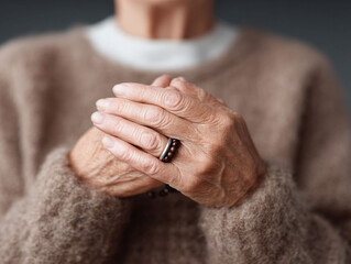 Closeup of mature womans hands clasped together. Symbolizes aging, experience, comfort, or quiet contemplation. Use for health, family, or lifestyle content.
