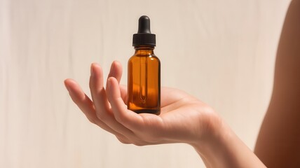 Hand presents glass bottle with eyedropper, essential for aromatherapy session