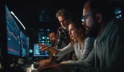 Dedicated professionals collaborate intently, analyzing complex data on multiple glowing screens in a modern, dark office.