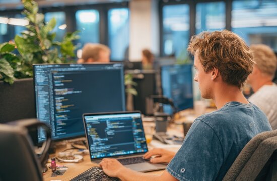Dedicated male developer focused on intricate code on dual screens in a modern tech office environment.