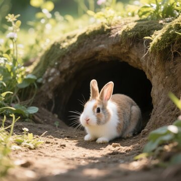 A fluffy rabbit peeks out from a cozy burrow nestled in a sunlit, green garden.