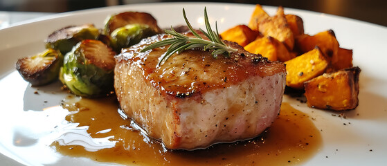 Seared Pork Chop with Rosemary, Roasted Brussels Sprouts, and Sweet Potato Wedges