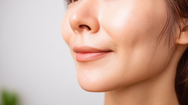 Smooth skin closeup of woman face with natural makeup and gentle smile showing chin dimple and soft light on cheek