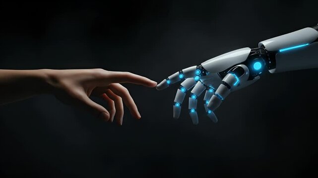 A human hand and a robotic hand touch fingertips against a dark background