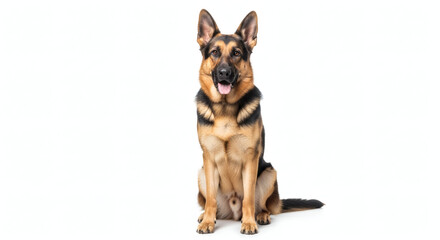 Obraz premium German shepherd sitting upright on a white background looking ahead