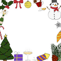 Christmas items Frame square template. Vector graphic line ink illustration. Banner, poster, wrapping paper, sticker, print, modern textile design. For logo, web, package, sticker.