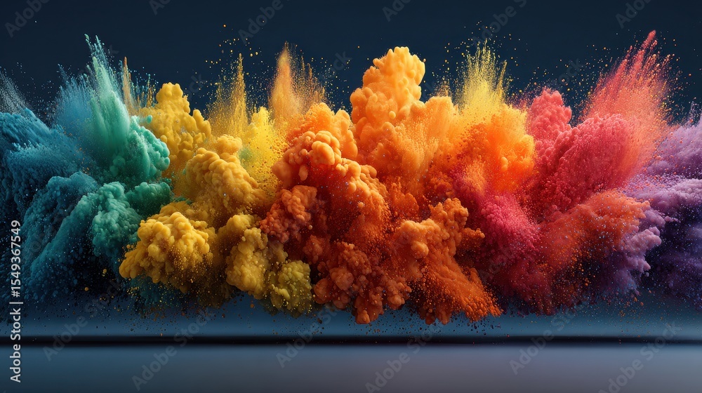 Poster Rainbow splash of colorful paint spreads across a dark surface with drops and vibrant colors showing a dynamic art form