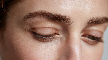 Obraz premium Closeup of eyebrow and eyelid skin showing natural texture and soft light on smooth face with closed eyes, highlighting healthy skin and gentle expression