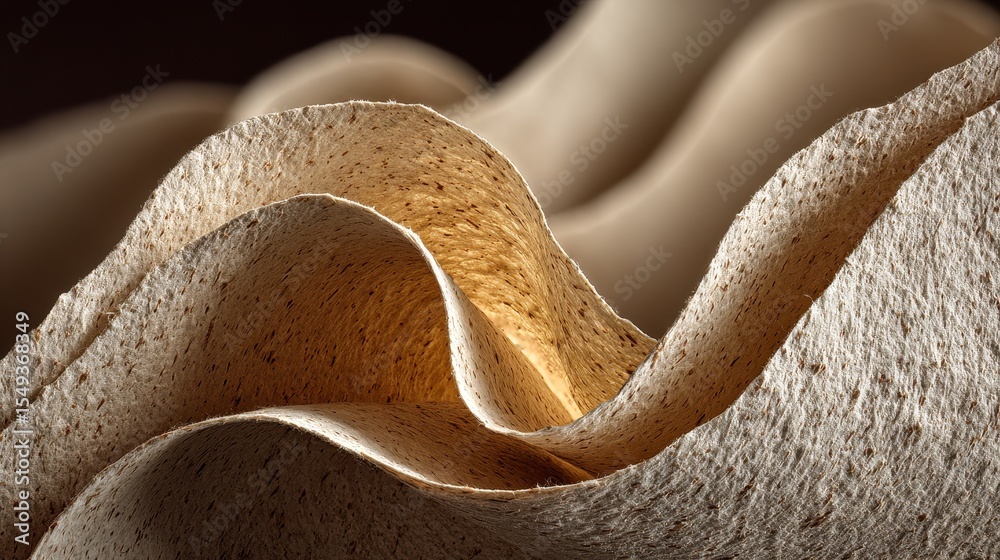 Poster Abstract beige paper layers creating an undulating surface with organic texture, illuminated from within and showing depth of field