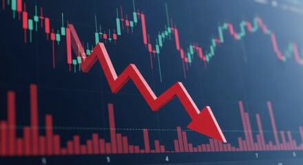 Red arrow showing downward trend on financial graph. Stock market chart with falling prices. Data visualization for investment analysis.