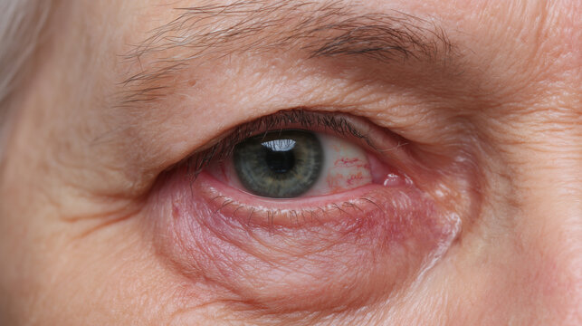 Red irritated eye with visible blood vessels and swollen lower eyelid showing signs of blepharitis and skin wrinkles in extreme close up detail