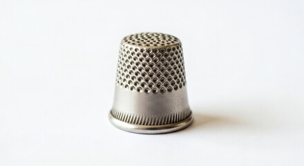 A single metal thimble with dimples on a plain white background view