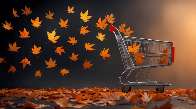 Shopping cart with autumn maple leaves falling around on dark background, seasonal retail and fall sale concept design