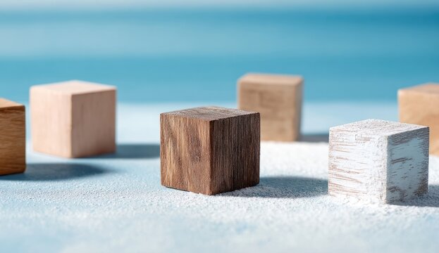 Diverse wooden cubes stand on a textured blue surface, symbolizing individuality, connection, and foundational concepts.