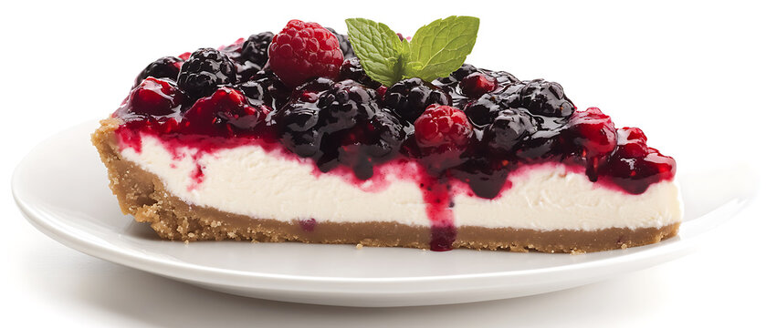 Berry Topped Cheesecake Slice with Fresh Mint Garnish