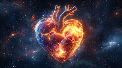 Fiery Heart in Cosmic Space: A Symbol of Passion and the Universe