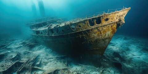 Sunken Shipwreck underwater resting on the Ocean Floor with Visible Rust and Decay