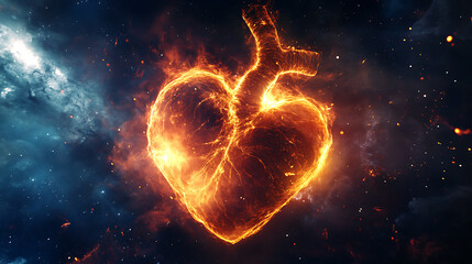 Fiery Heart in Cosmic Space: A Symbol of Passion and Energy
