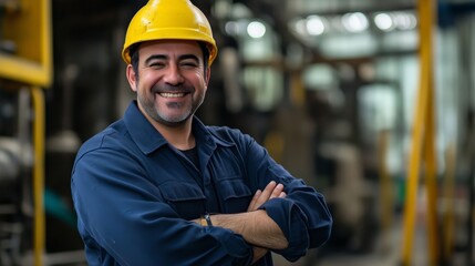 Portrait of a smiling worker in a yellow hard hat and blue uniform at a factory.