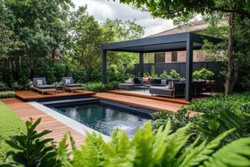 Modern backyard oasis with a swimming pool and pergola